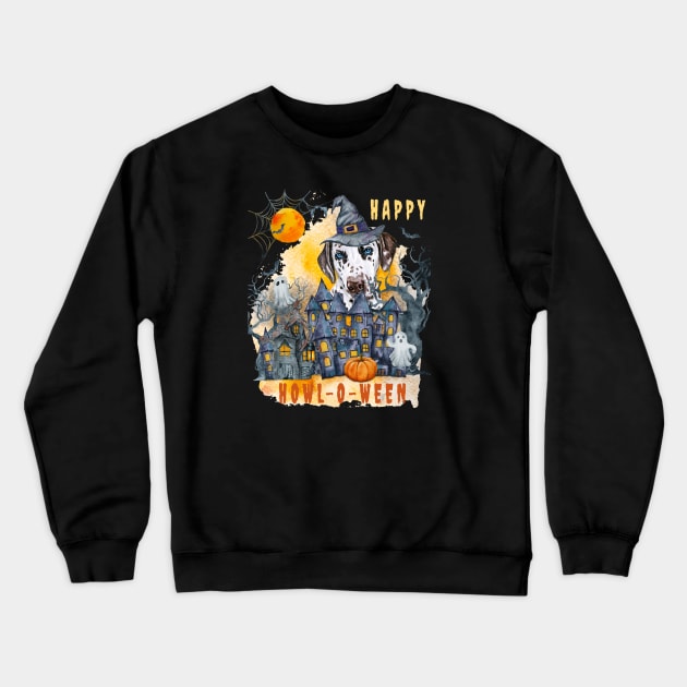 Dalmatian Happy Howl-o-ween Ghost Houses Funny Watercolor Crewneck Sweatshirt by Sniffist Gang